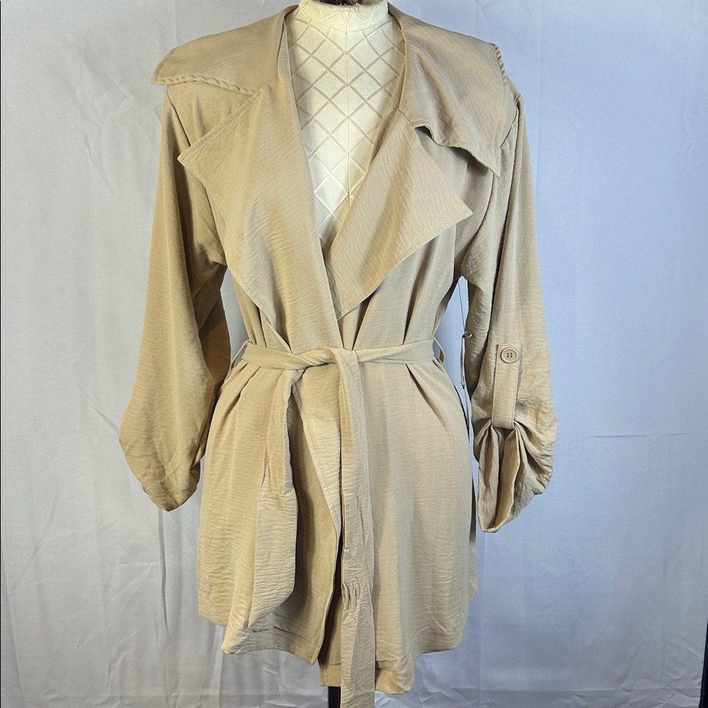 Fair Haven Tan Open Front Trench Coat Gathered Sleeve Size Small